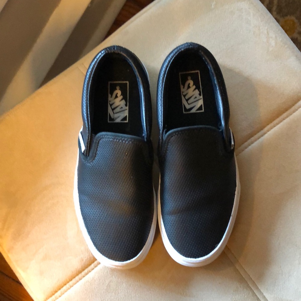 Black Leather Perforated Vans slip ons